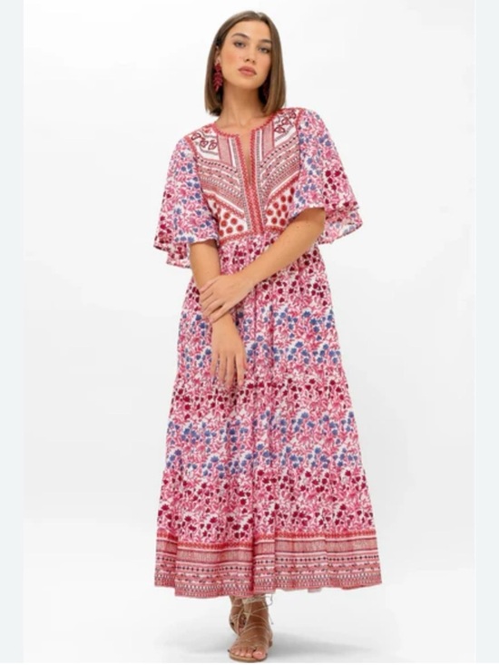 Oliphant Dresses & Skirts - Oliphant Mendoza Flirty V-Neck Maxi Dress Coral Floral Medium 100% Cotton